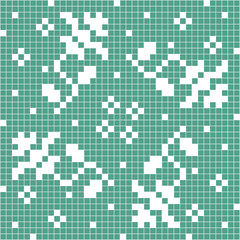 Pixel art style seamless lace pattern. Textile blue and white mosaic ornament.
