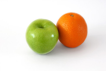 green apple and orange isolated
