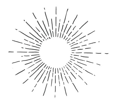 Linear drawing of sun. Vintage style of the image. Hipster style. Light rays of burst. Handdrawn vector illustration