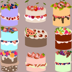 Set of delicious vector cakes with fruits and berries