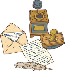 Vintage Handwritten Page, Envelope, Quill Pen, Inkstand and Blotter