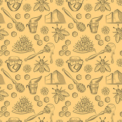 Seamless pattern with pots of honey, bees and flowers.