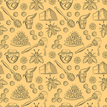 Seamless Pattern With Pots Of Honey, Bees And Flowers.