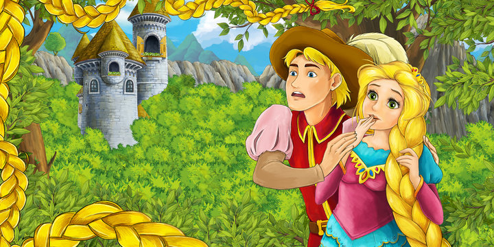Cartoon fairy tale scene with castle tower - princess in the forest - beautiful manga girl - castle tower in the background - title page - illustration for children