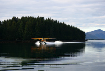 Seaplane landing near Kodiak City on Kodiak Island in Alaska