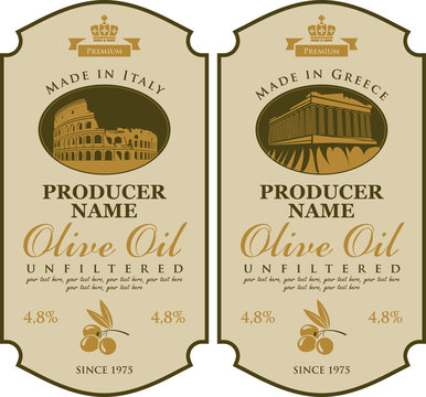 Label for olive oil Made in Italy and Greece with the image of Colosseum and Parthenon