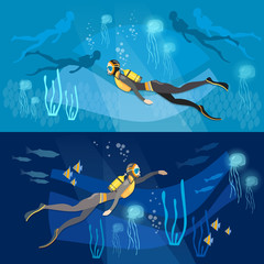 Diving banners underwater people diver silhouettes