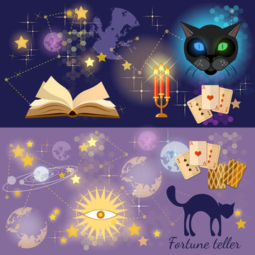 Fortune telling astrology and alchemy banners magic open book