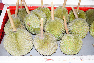 Durian on the table;Durian on shelves;Durian at market