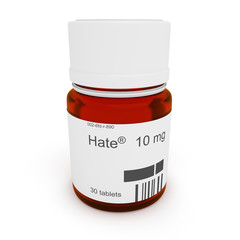 Pill bottle: Hate, 10 mg, 3d illustration