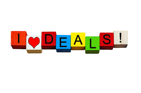 I Love Deals, sign for bargains, cash & business! Isolated.