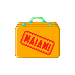 Suitcase for a flight to Miami icon in cartoon style isolated on white background. Travel symbol