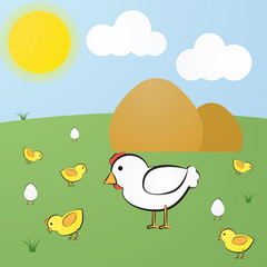 Obraz na płótnie Canvas Funny vector cute cartoon yellow hen, white chick and eggs with