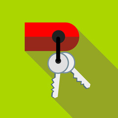 Keys on keychain icon in flat style with long shadow. Accessories symbol