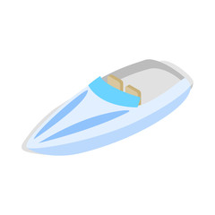 Blue speed boat icon in isometric 3d style isolated on white background. Maritime transport symbol