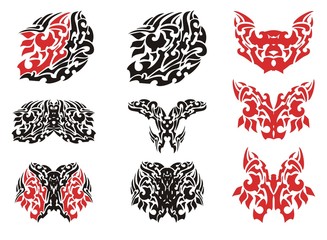 Tribal butterfly wing tattoo and butterflies tattoos. Flaming butterflies symbols in red and black options isolated on a white background