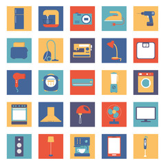 set of colored home appliances and electronics