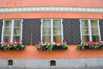Fototapeta na wymiar Beautiful windows and flowerpots