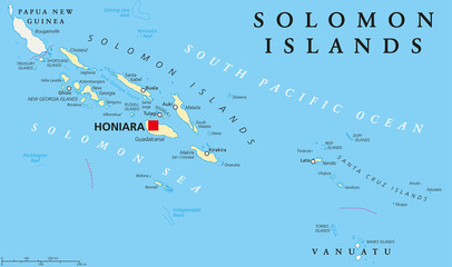Solomon Islands political map with capital Honiara on Guadalcanal. Sovereign country consisting of six major islands in Oceania between Papua New Guinea and Vanuatu. English labeling. Illustration. - obrazy, fototapety, plakaty