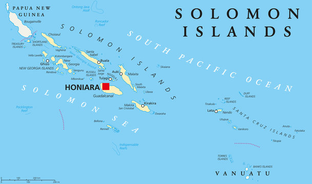 Solomon Islands political map with capital Honiara on Guadalcanal. Sovereign country consisting of six major islands in Oceania between Papua New Guinea and Vanuatu. English labeling. Illustration.