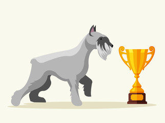 Schnauzer dog character champion with gold cup. Vector flat cartoon illustration