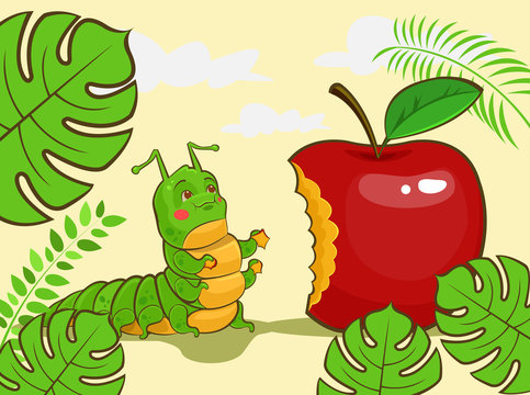 Caterpillar character eating red apple. Vector cartoon illustration