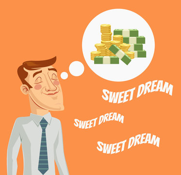 Man character dreaming about money. Vector flat cartoon illustration