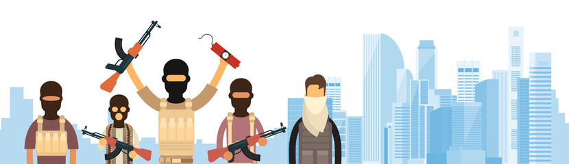 Criminals holding weapons while standing against city