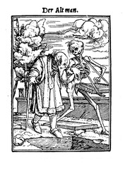 XV century, Illustration by Hans Lützelburger inspired to Hans Holbein's "Totentanz" of an old man walking hand in hand with Death