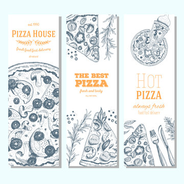 Pizza banner design template. Flyer design collection. Vector illustration drawn with ink. Vertical vintage banner set.