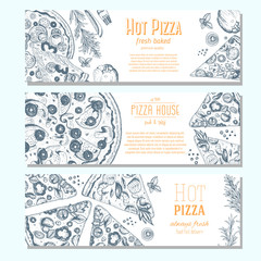 Pizza banner design template. Flyer design collection. Vector illustration drawn with ink. Horizontal vintage banner set.