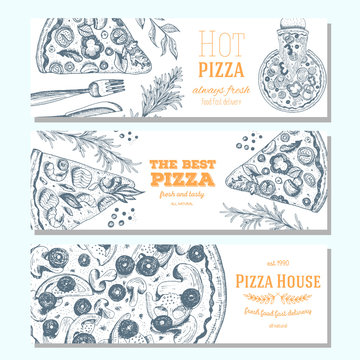 Pizza banner design template. Flyer design collection. Vector illustration drawn with ink. Horizontal vintage banner set.