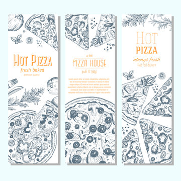 Pizza banner design template. Flyer design collection. Vector illustration drawn with ink. Vertical vintage banner set.