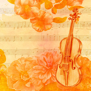 Vintage style golden toned collage with violin and flowers