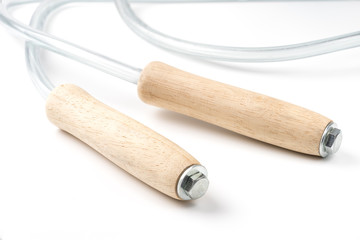 wooden handles of skipping rope isolated on white background