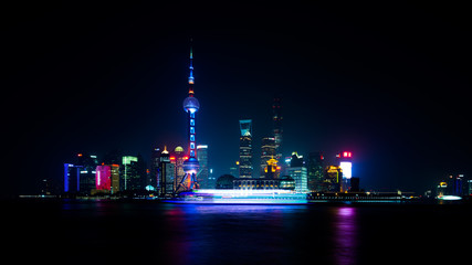 Long Exposure of Shanghai City Skyline and Huangpu River on a Clear Night