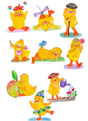 Cute handdrawn chick. Watercolor funny baby chicken.