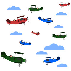 Seamless vintage background with airplanes and clouds. Isolated vector illustration. Contains old aircrafts, such as biplanes and triplanes in red, green and blue color. 