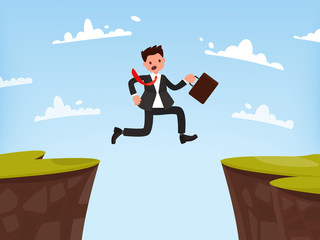Concept of overcoming obstacles to work. Businessman jumps open.