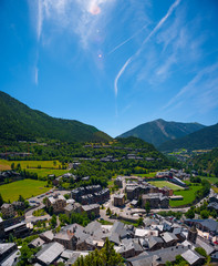 Andorra, view from the mountain on Ordino. Panorama, summer. Pyrenees. - obrazy, fototapety, plakaty