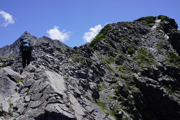 硫黄乗越　西鎌尾根　山頂　眺望　北アルプス　登山　山道　空　絶景