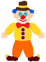 Clown in yellow shirt, brown hat with yellow stripe, orange trousers, with brown boots with pompons