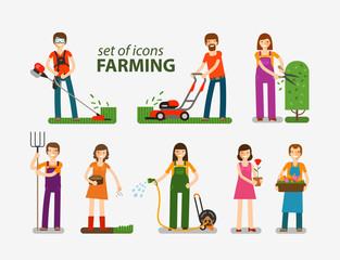 Farming and gardening, horticulture set of icons. People at work on the farm. Vector illustration
