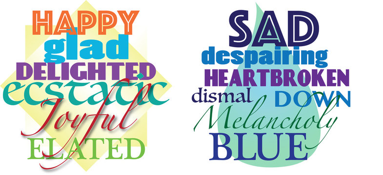 Happy, glad, delighted, ecstatic, joyful, elated and sad, despairing, heartbroken, dismal, down, melancholy and blue words in beautiful fonts illustration