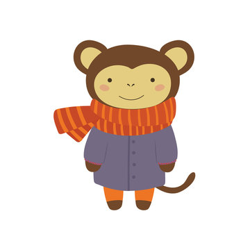 Monley In Blue Warm Coat Childish Illustration