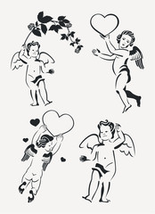 Set of cupids silhouette. Design element for banners, labels, prints, posters, web, presentation, invitations, weddings, greeting cards, albums. Vector clip art.