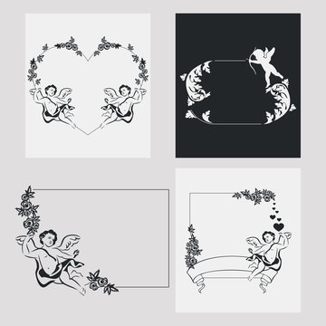 Set of silhouette frames with angels. Design element for banners, labels, prints, posters, web, presentation, invitations, weddings, greeting cards, albums. Vector clip art.