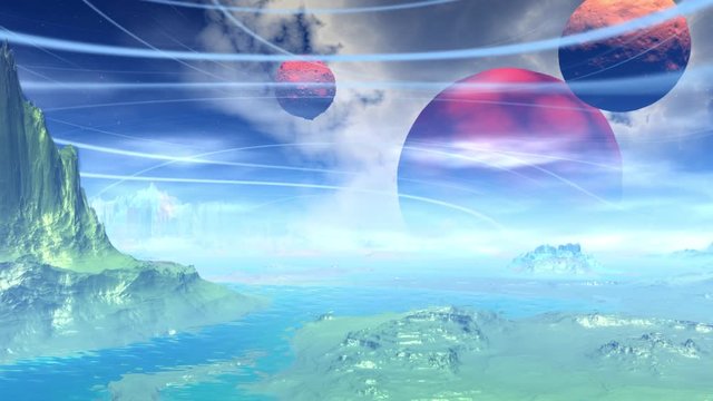 Fantasy alien planet. Rocks and lake. 3d Animation. 4К