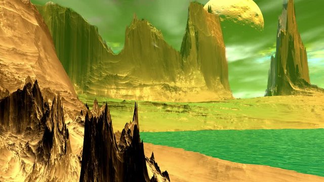 Fantasy alien planet. Rocks and lake. 3d Animation. 4К