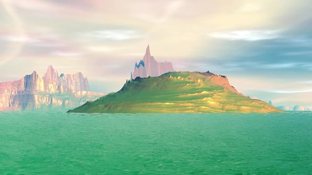Fantasy alien planet. Rocks and lake. 3d Animation. 4К
